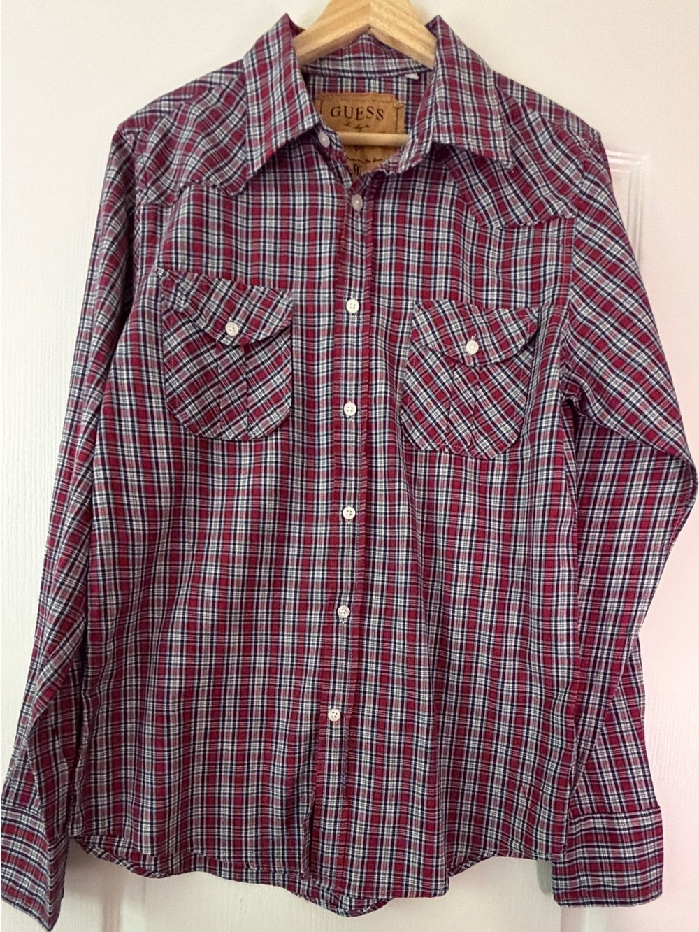 Vintage GUESS Jeans Mens M Western Plaid Shirt Red Navy 100% Cotton Button Up